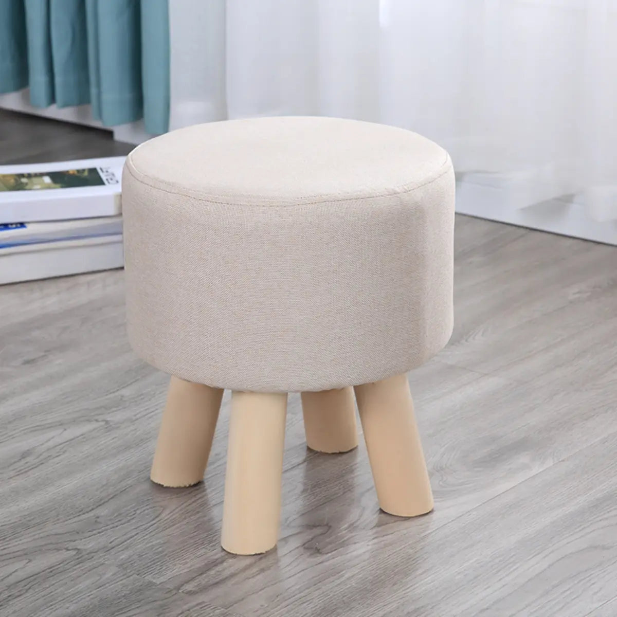 Wood Frame Circular Linen Blend Mini Sponge Ottoman Image - 23