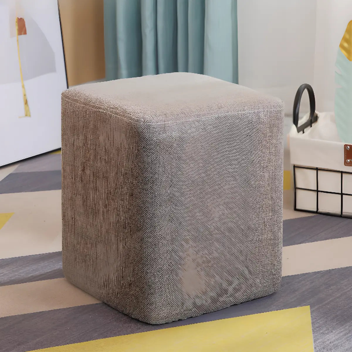 Wood Frame Circular Linen Blend Mini Sponge Ottoman Image - 24