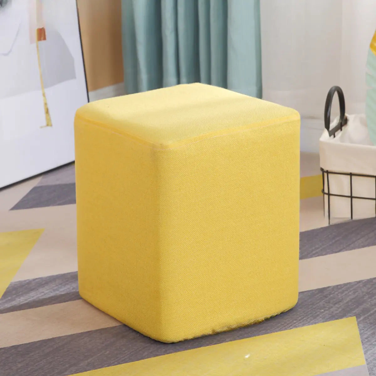 Wood Frame Circular Linen Blend Mini Sponge Ottoman Image - 28