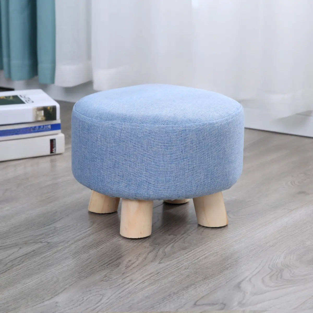 Wood Frame Circular Linen Blend Mini Sponge Ottoman Image - 3