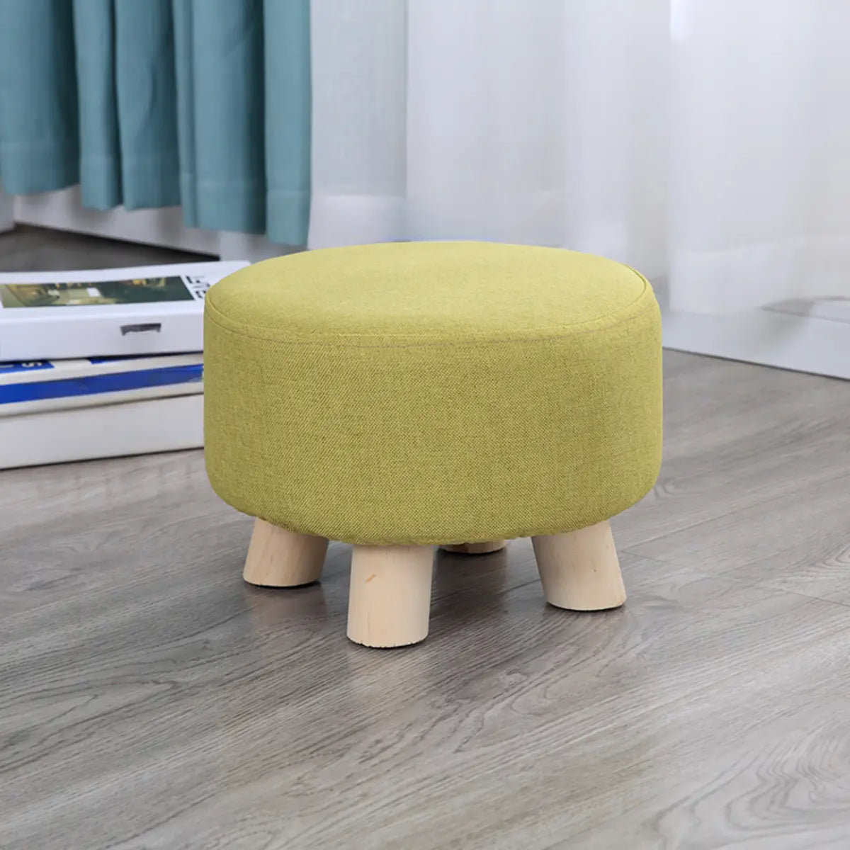 Wood Frame Circular Linen Blend Mini Sponge Ottoman Image - 5