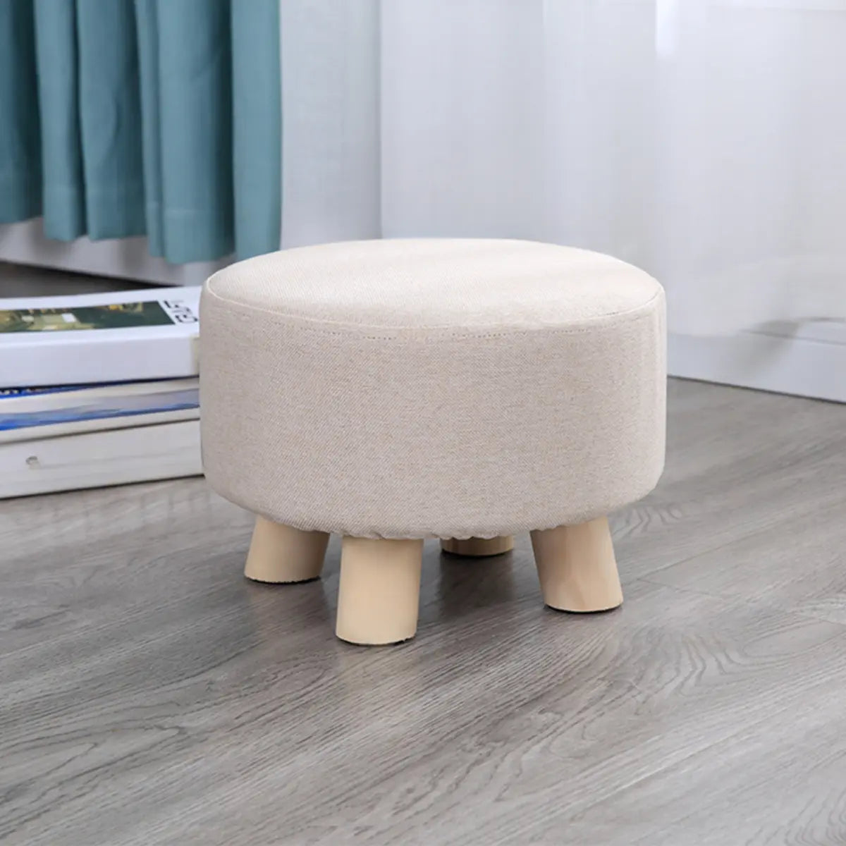 Wood Frame Circular Linen Blend Mini Sponge Ottoman Image - 7