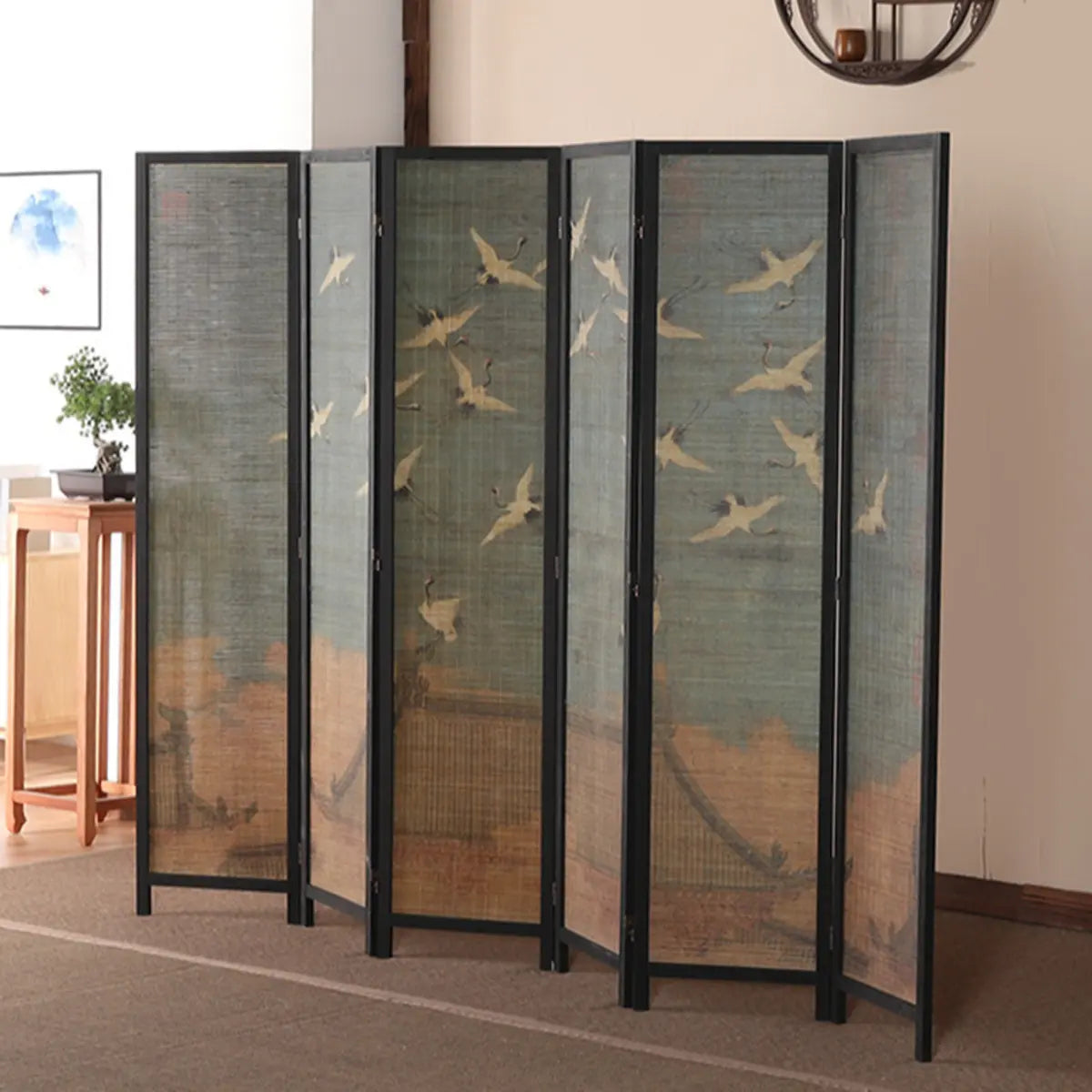 Wood-Green Wild Goose Foldable Bamboo Room Divider Screen Image - 14