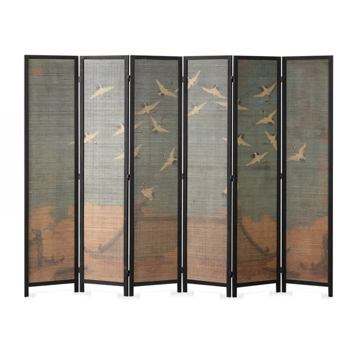 Wood-Green Wild Goose Foldable Bamboo Room Divider Screen Image - 4