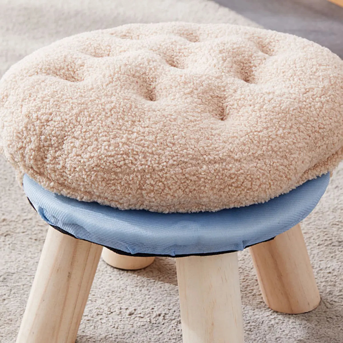 Wood Legs Round Tufted Footstool Sherpa Small Ottoman Image - 11