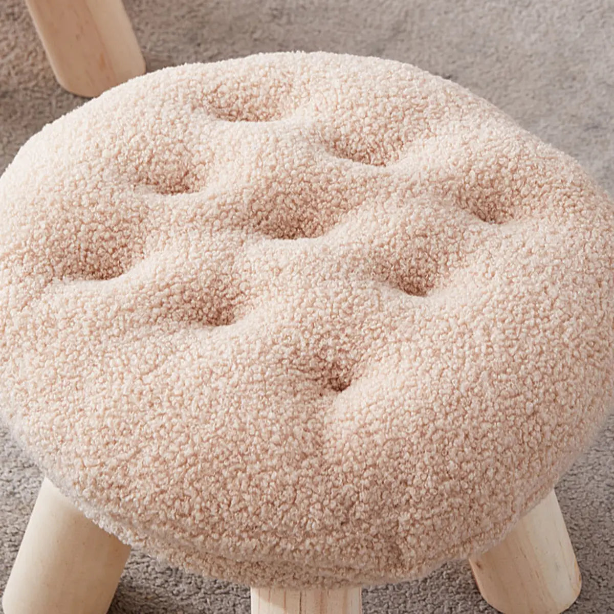 Wood Legs Round Tufted Footstool Sherpa Small Ottoman Image - 13