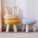 Wood Legs Round Tufted Footstool Sherpa Small Ottoman Image - 2