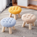 Wood Legs Round Tufted Footstool Sherpa Small Ottoman Image - 4