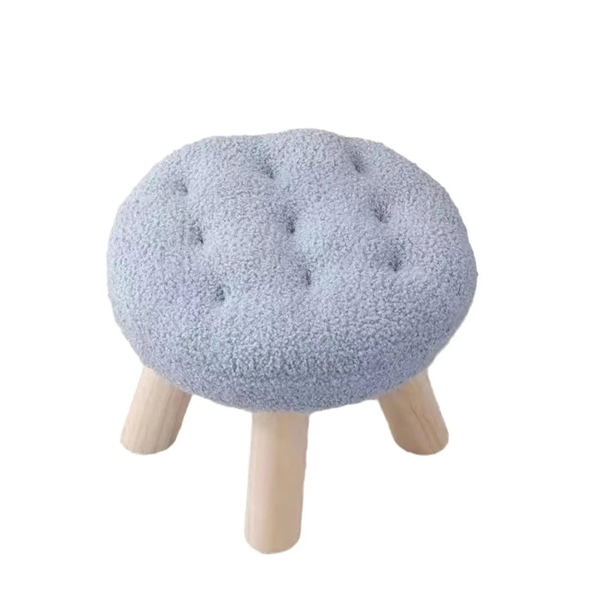 Wood Legs Round Tufted Footstool Sherpa Small Ottoman Image - 5