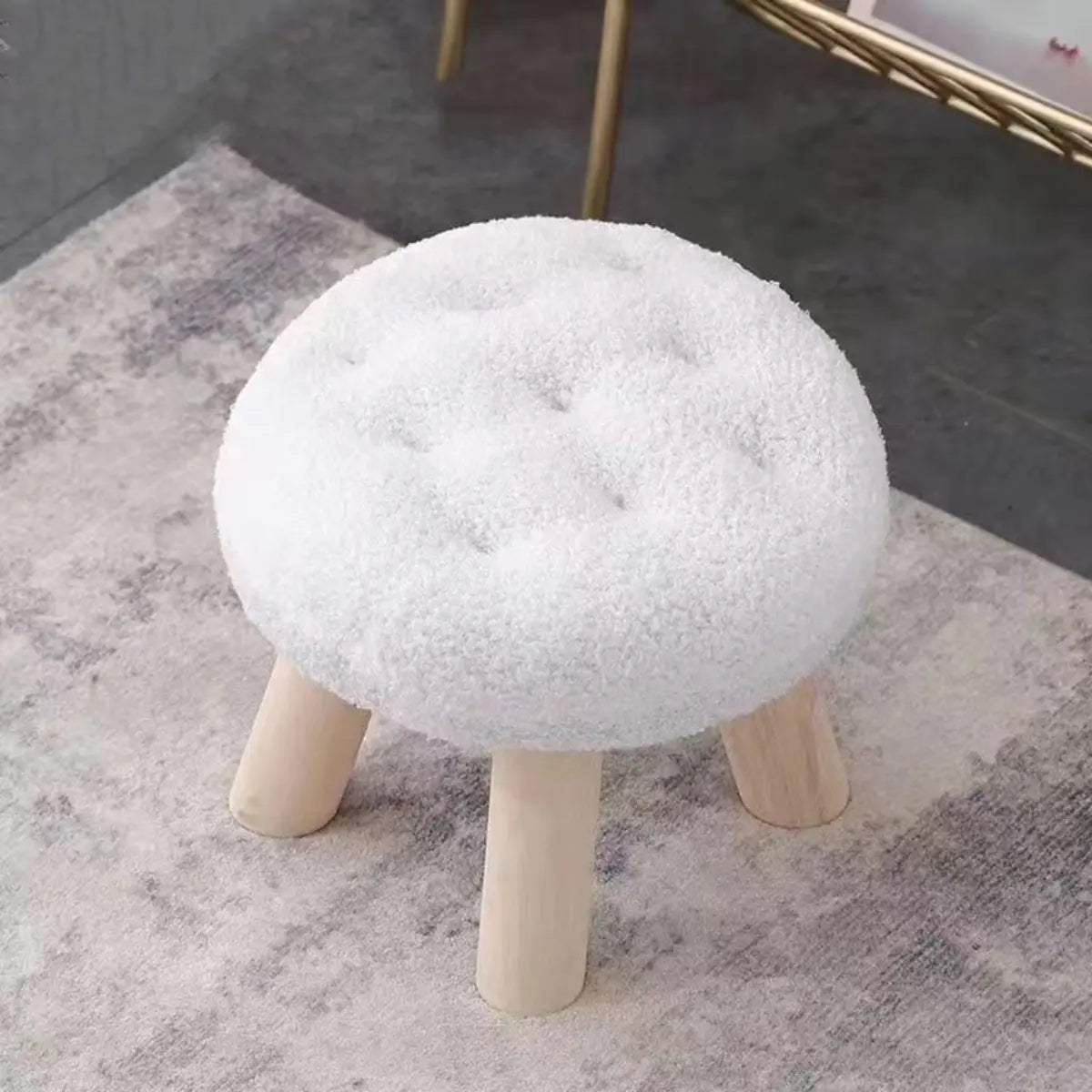 Wood Legs Round Tufted Footstool Sherpa Small Ottoman Image - 6