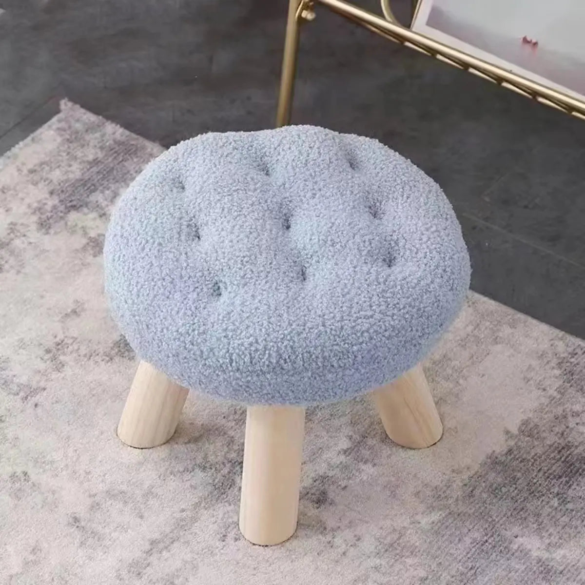 Wood Legs Round Tufted Footstool Sherpa Small Ottoman Image - 7