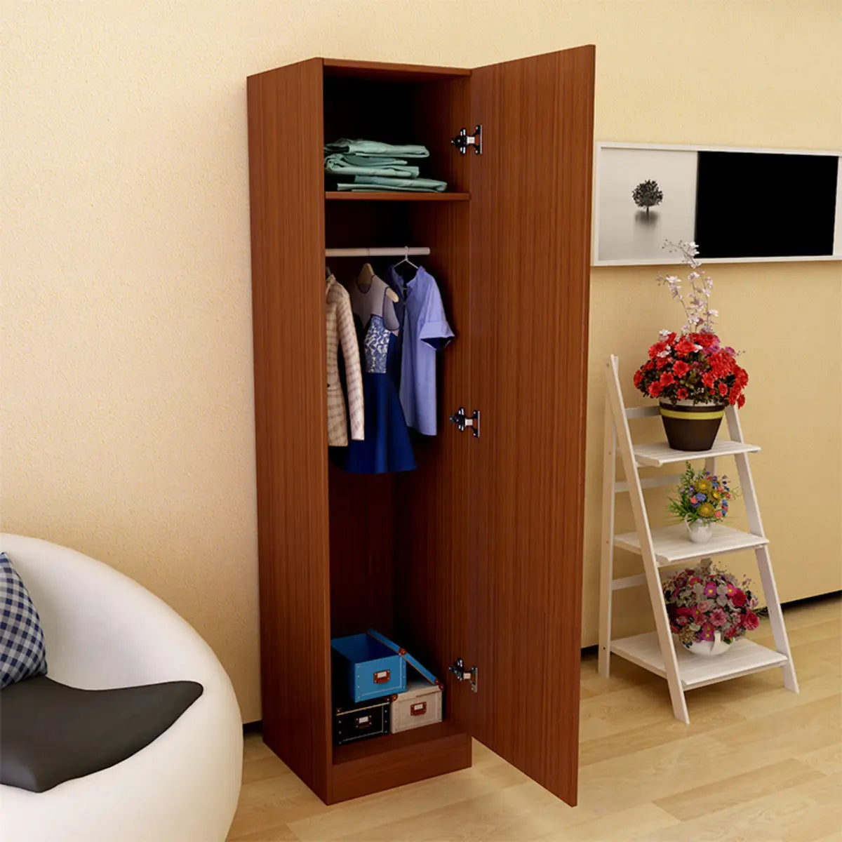 Wood Light Walnut Compact Wardrobe with Clothing Rod Image - 3