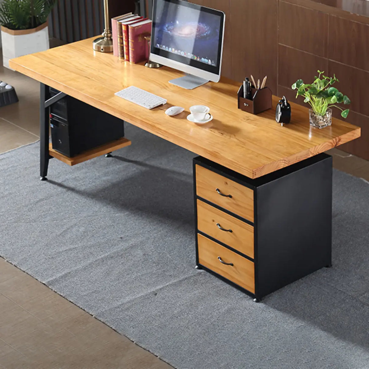 Wood Rectangle Drawers Storage H-Shape Computer desk Image - 3