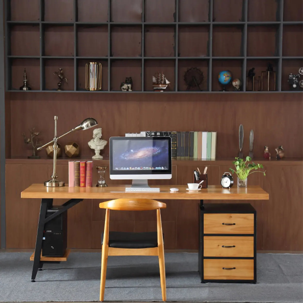 Wood Rectangle Drawers Storage H-Shape Computer desk Image - 4