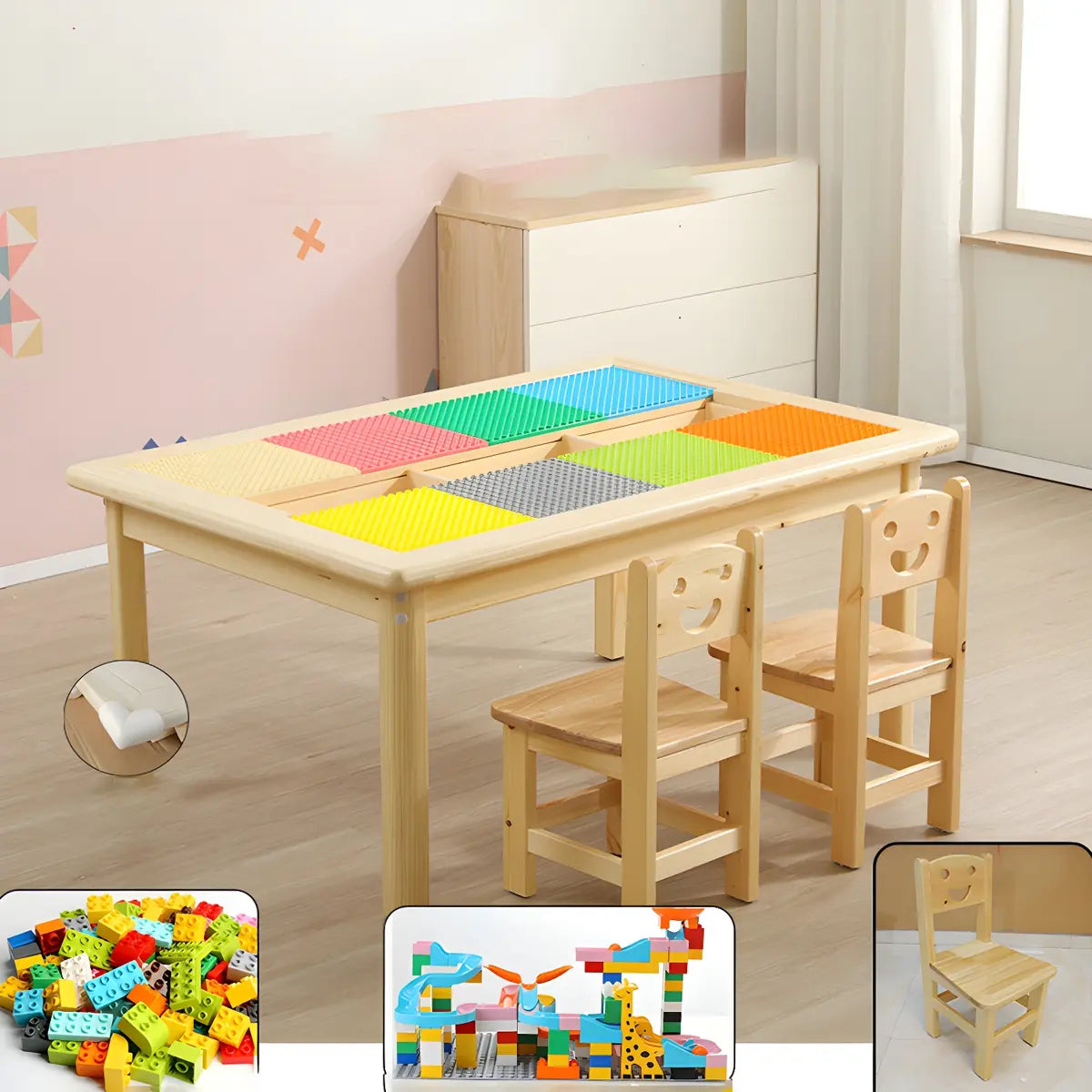 Wood Rectangle Storage Activity Table Chair Set Natural Image - 3