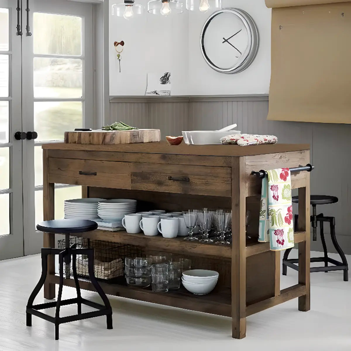 Wood Rectangular Brown Open Storage Kitchen Island with Rack Image - 1