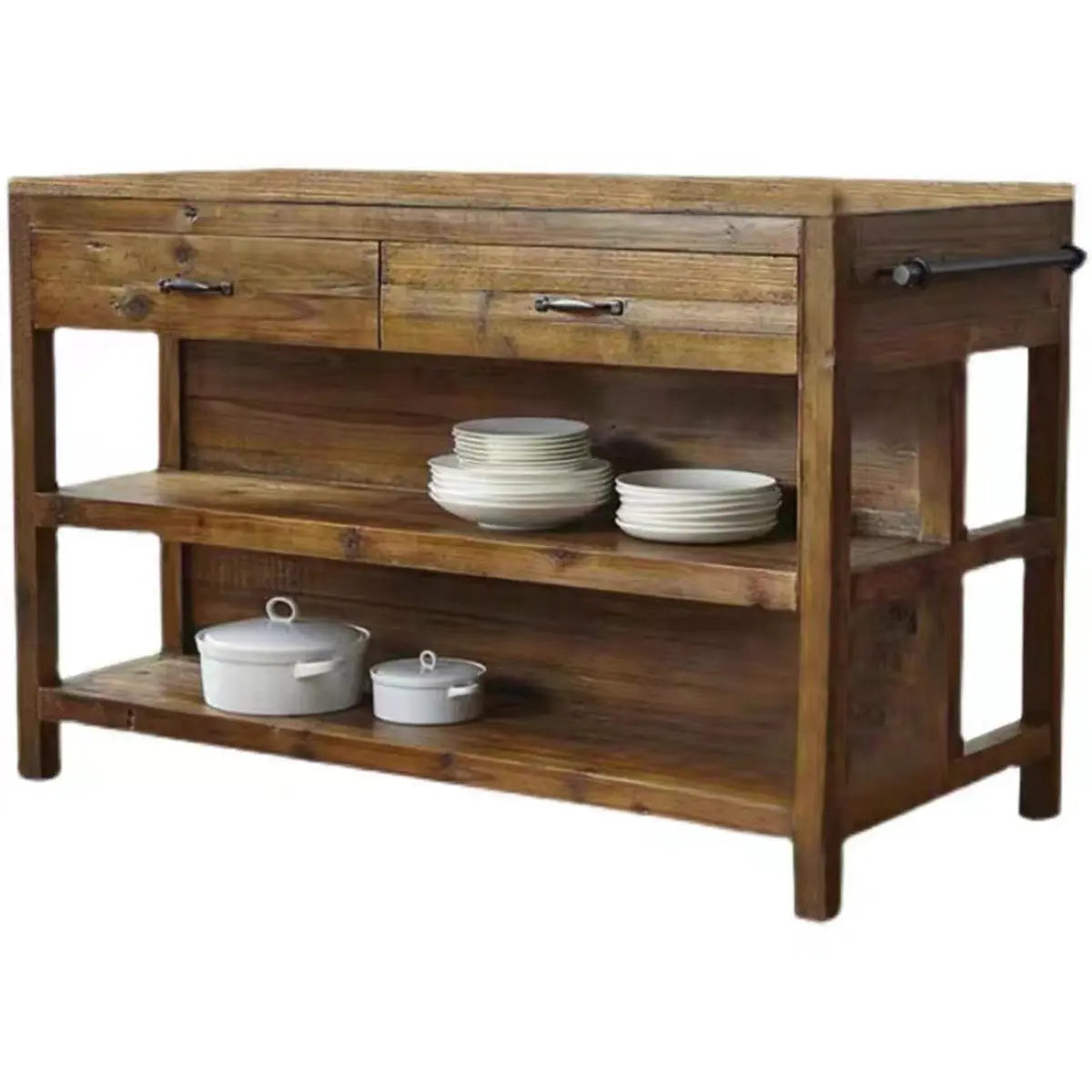 Wood Rectangular Brown Open Storage Kitchen Island with Rack Image - 3