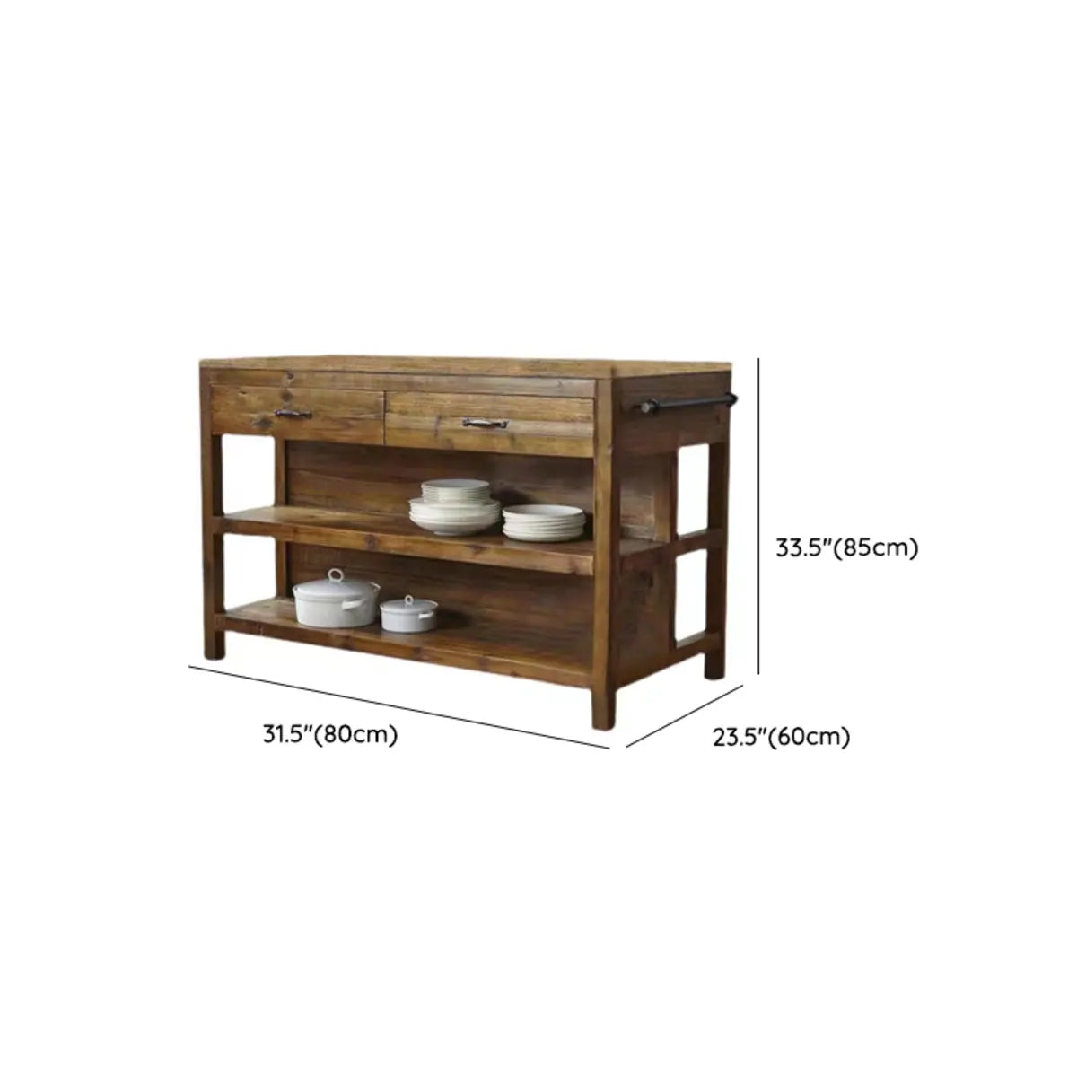 Wood Rectangular Brown Open Storage Kitchen Island with Rack 