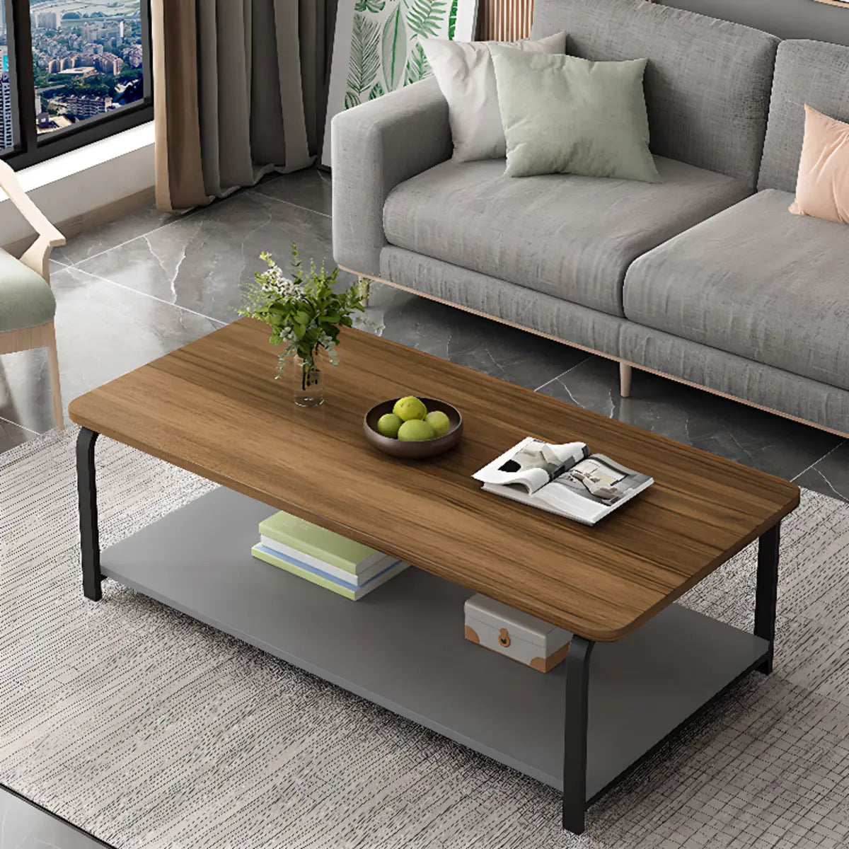 Wood Rectangular Shelves Four Legs Single Coffee Table Image - 5