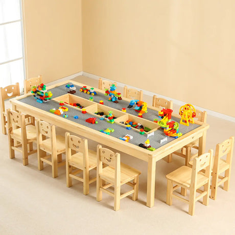 Wood Rectangular Toddler Building Block Table Chair Set Image - 1