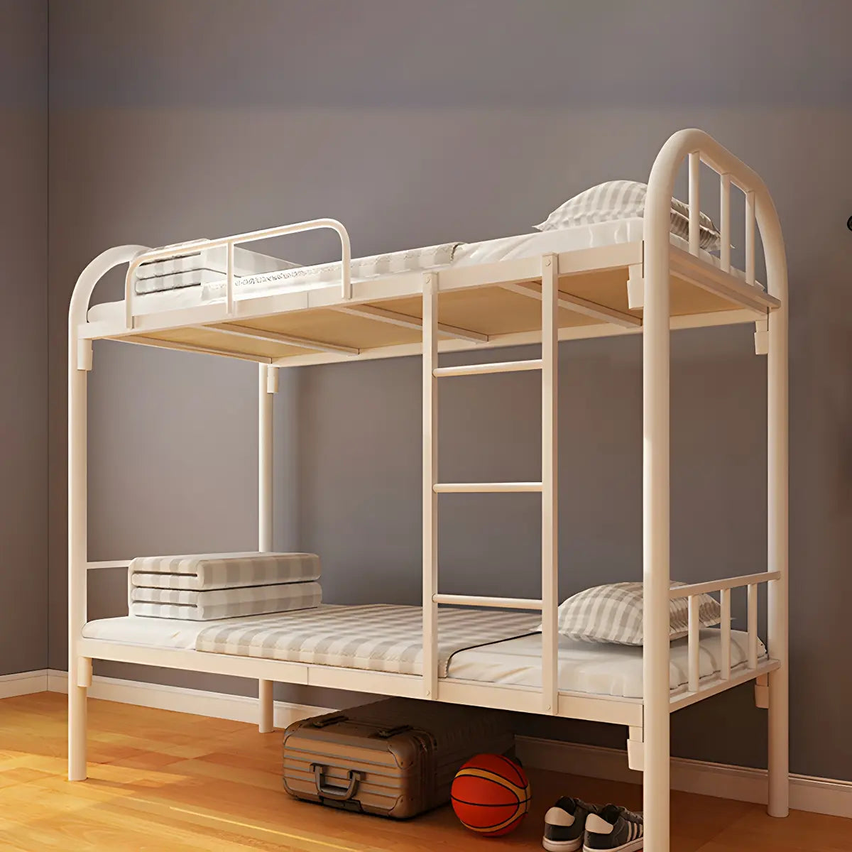 Wood Slat White Iron Headboard and Footboard Bunk Bed Image - 1