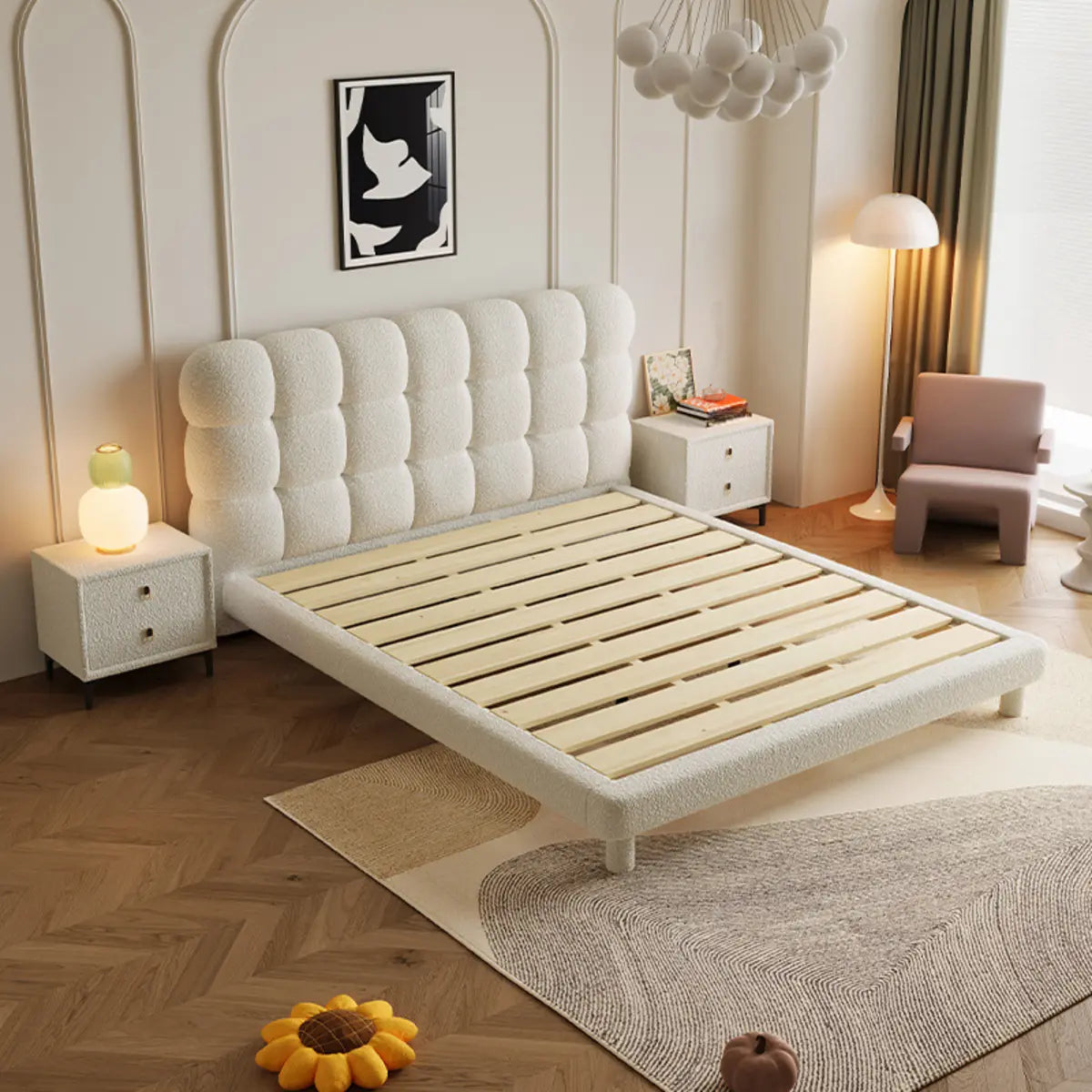 Wood Tufted White Queen Slat Bed with Nailhead Trim Image - 4