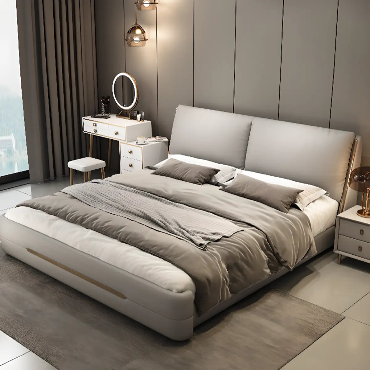 Wood Upholstered Grey King Panel Bed with Lift Up Storage Image - 1