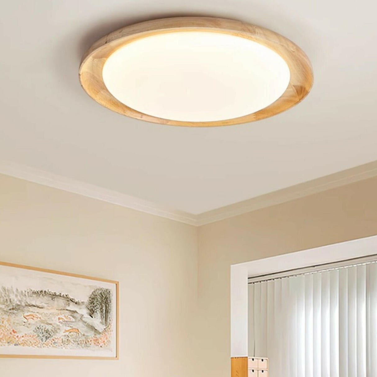 Wood White Circular LED Flush Mount Ceiling Light Image - 23