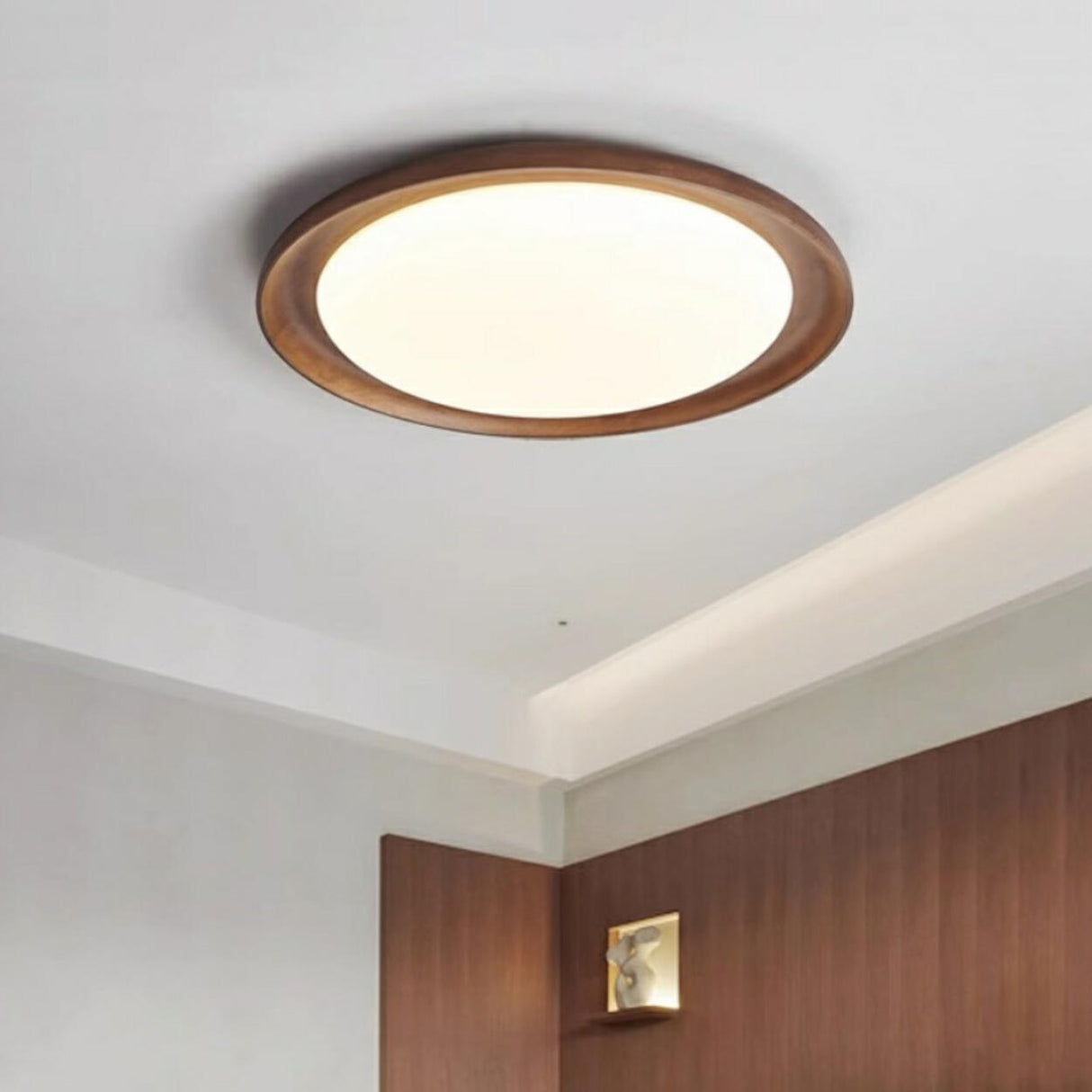 Wood White Circular LED Flush Mount Ceiling Light Image - 8