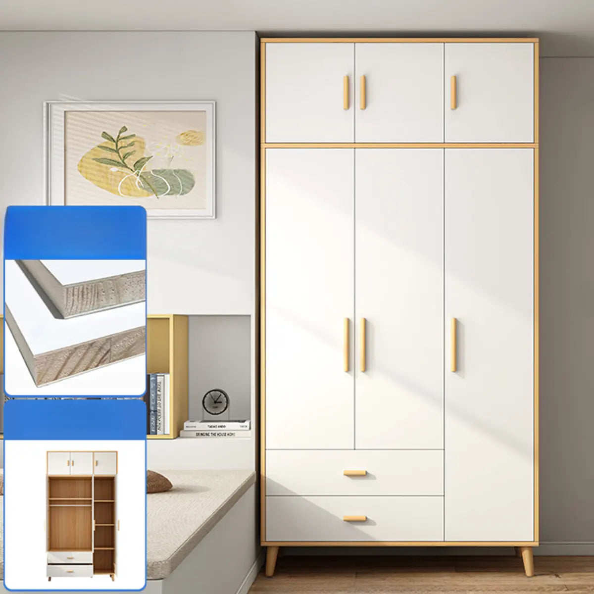 Wood White Large Wardrobe with Shelves and Drawers Image - 13