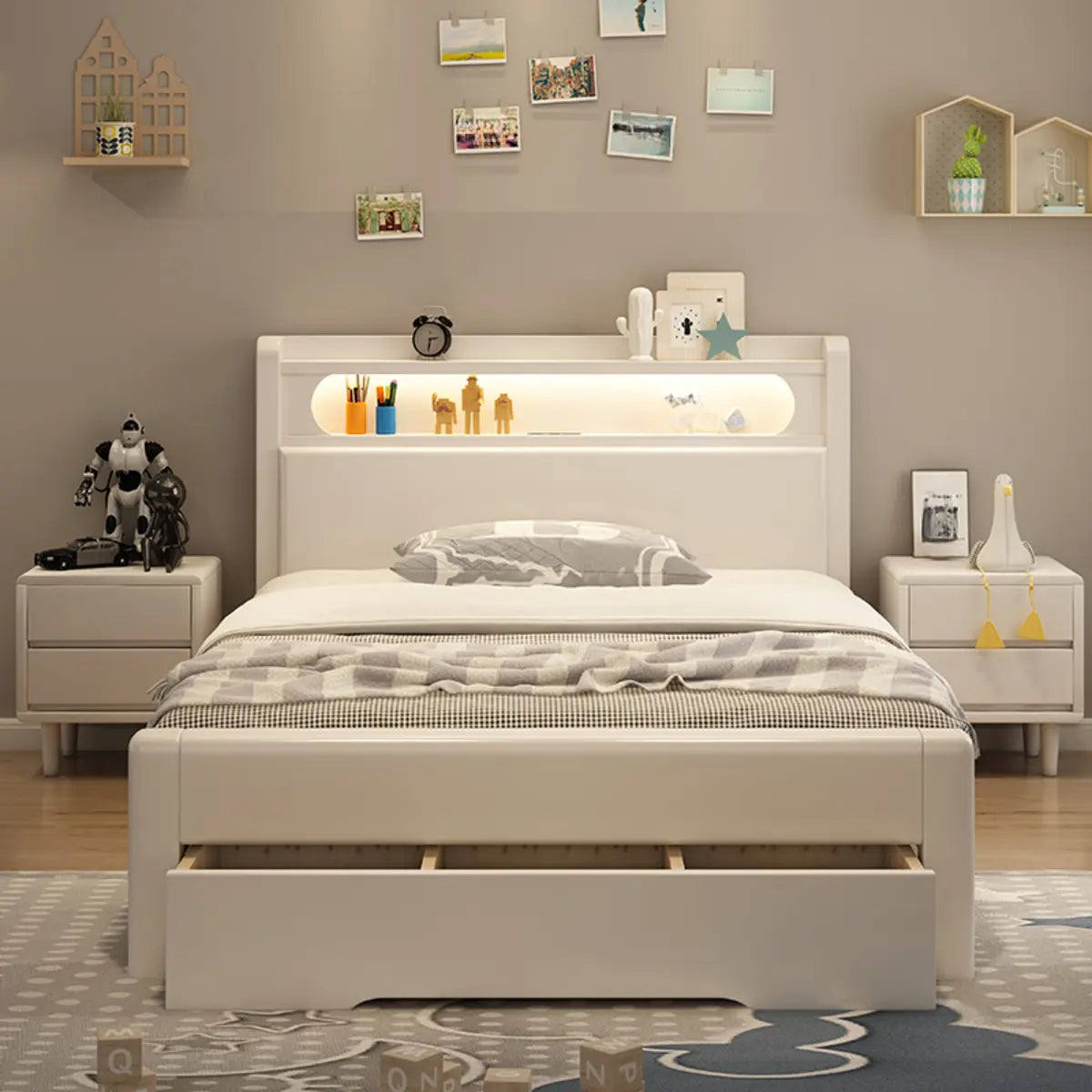 Wood White Queen Storage Bed with Drawers and Shelves Image - 1