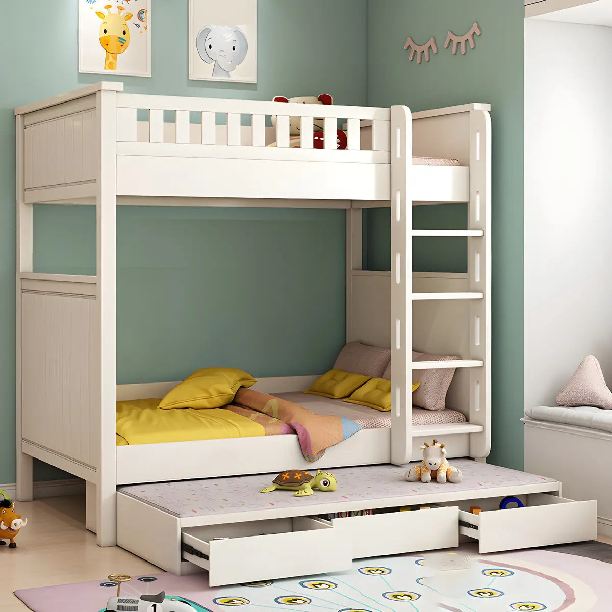 Wood White Storage Bunk Bed with Mattress and Guardrail Image - 1