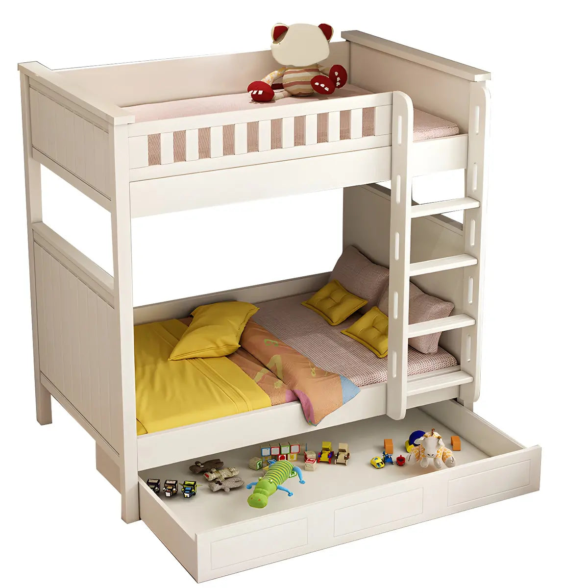 Wood White Storage Bunk Bed with Mattress and Guardrail Image - 18