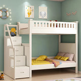 Wood White Storage Bunk Bed with Mattress and Guardrail Image - 2