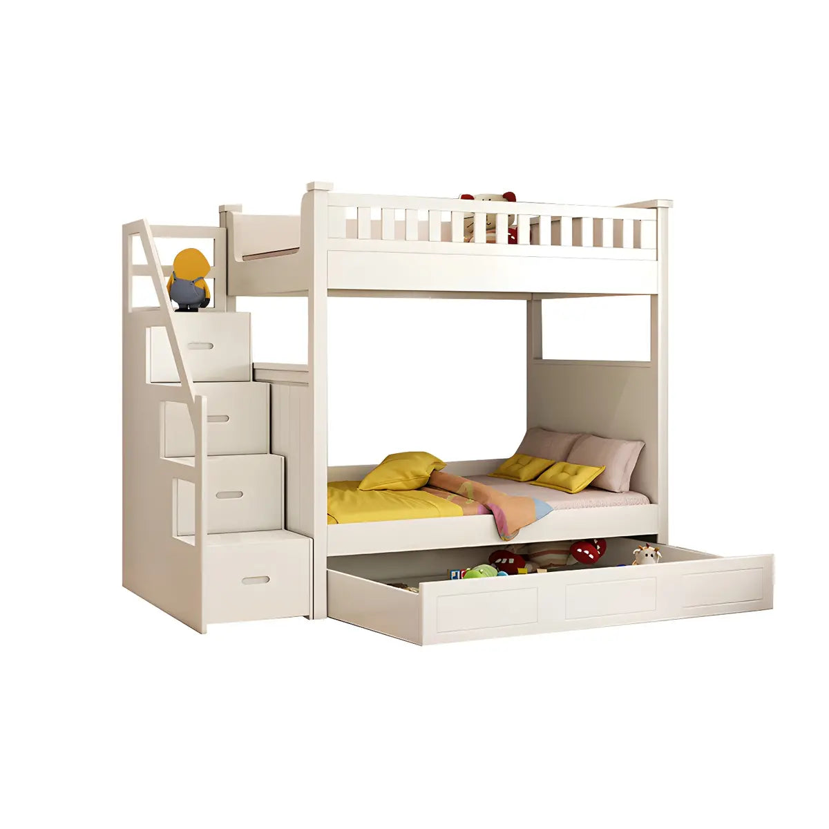 Wood White Storage Bunk Bed with Mattress and Guardrail Image - 20