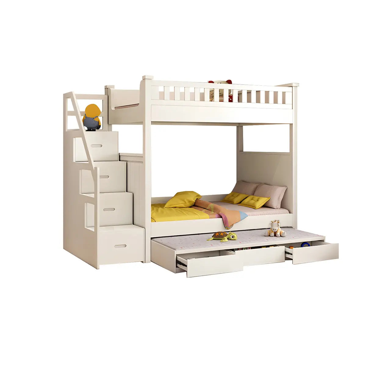 Wood White Storage Bunk Bed with Mattress and Guardrail Image - 21