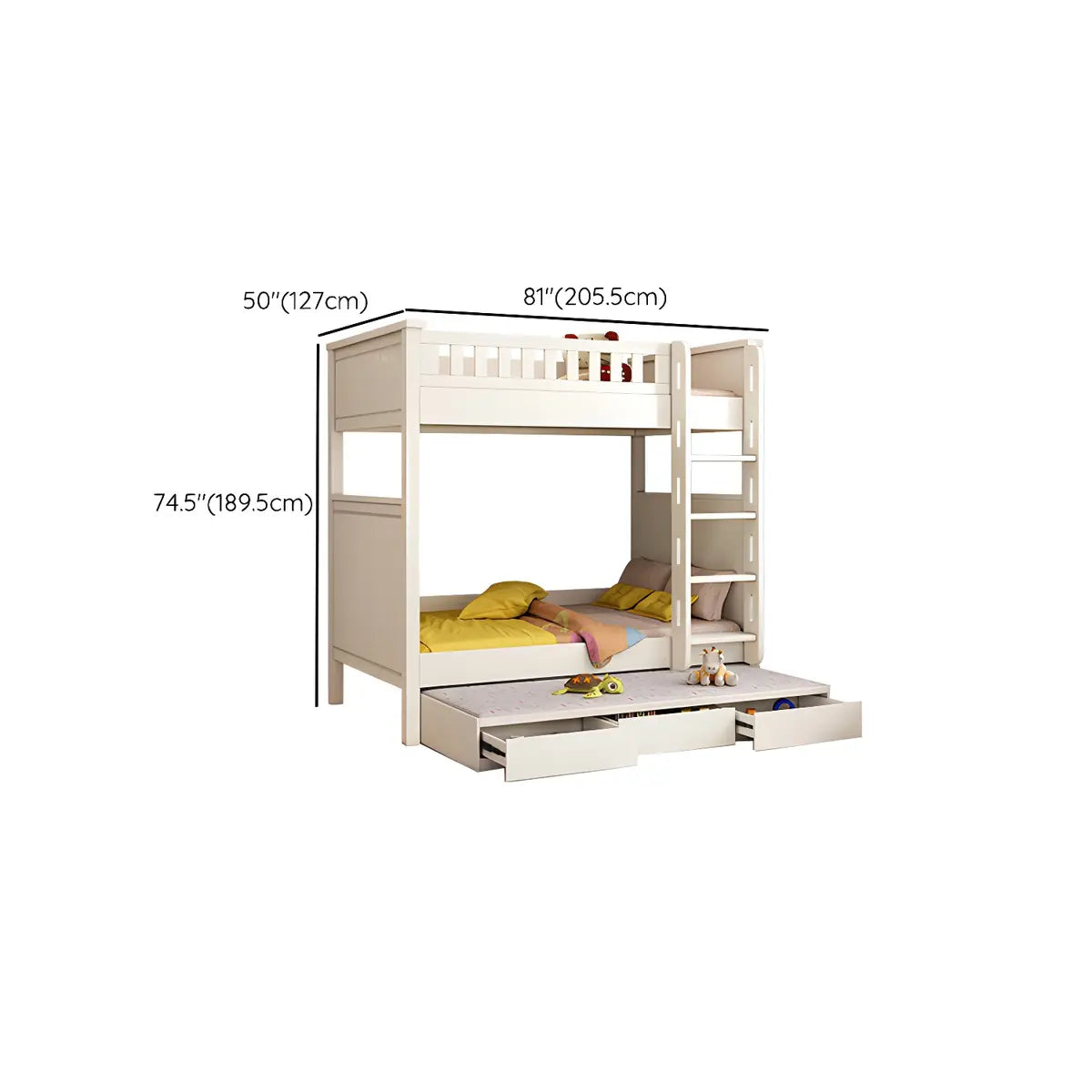 Wood White Storage Bunk Bed with Mattress and Guardrail 