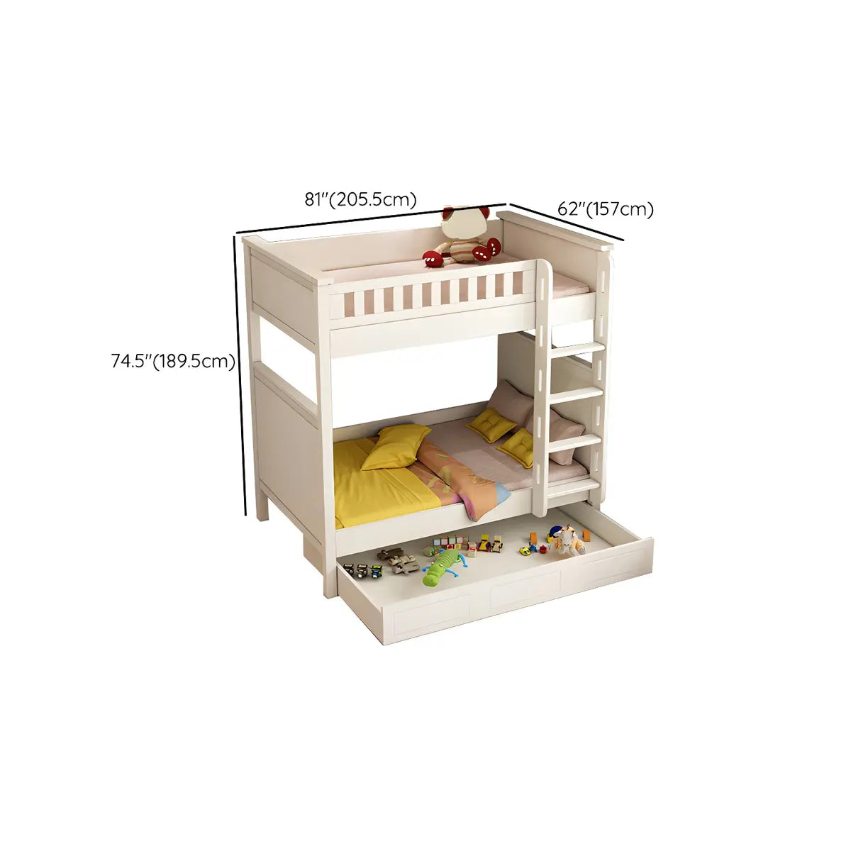 Wood White Storage Bunk Bed with Mattress and Guardrail Image - 33