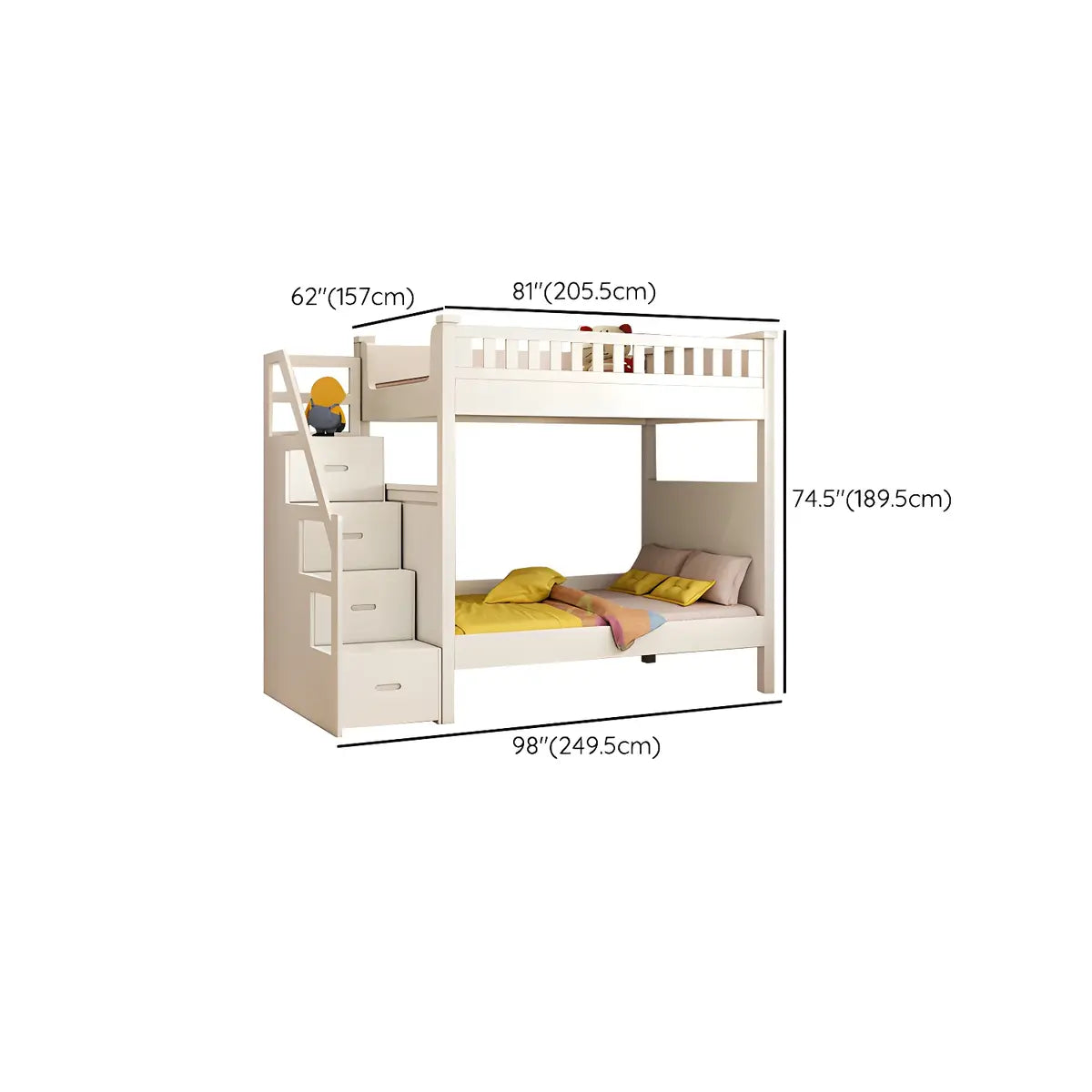 Wood White Storage Bunk Bed with Mattress and Guardrail Image - 37