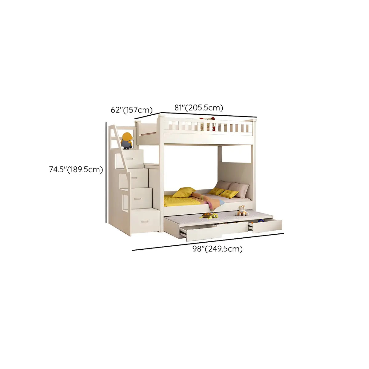 Wood White Storage Bunk Bed with Mattress and Guardrail Image - 39