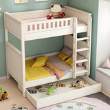 Wood White Storage Bunk Bed with Mattress and Guardrail Image - 4