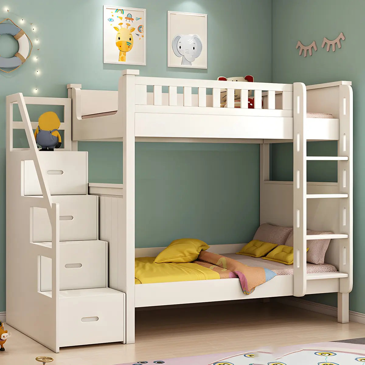 Wood White Storage Bunk Bed with Mattress and Guardrail Image - 5