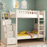 Wood White Storage Bunk Bed with Mattress and Guardrail Image - 5