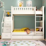 Wood White Storage Bunk Bed with Mattress and Guardrail Image - 8