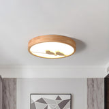 Wooden Bird Pattern Small Round LED Flush Mount Light Image - 2