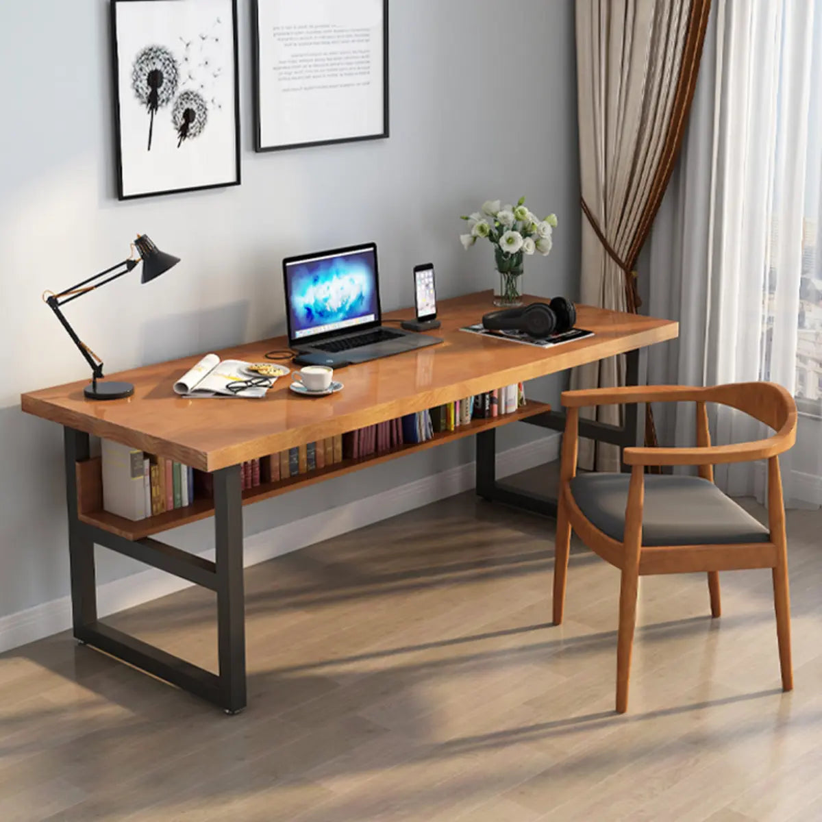 Wooden Brown Pine Butcher Block Sled Computer Desk Image - 1