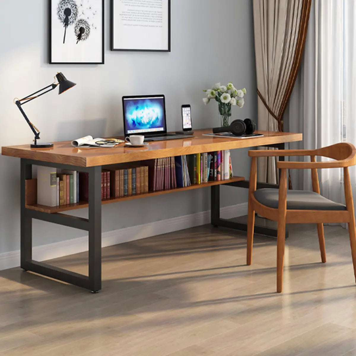 Wooden Brown Pine Butcher Block Sled Computer Desk Image - 3