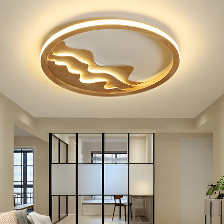 Wooden Circle Mountain LED Flush Mount Ceiling Light Image - 2