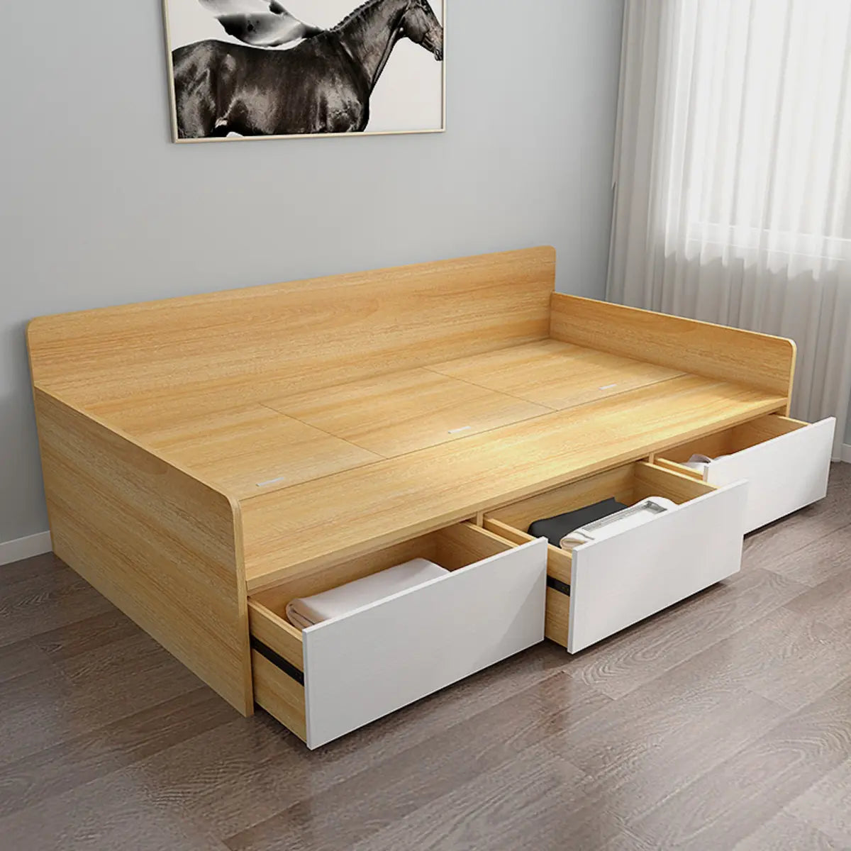 Wooden Headboard Storage Bed with Guardrail and Drawers Image - 2