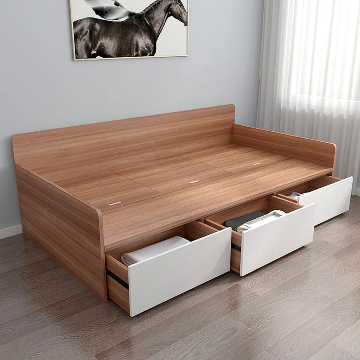 Wooden Headboard Storage Bed with Guardrail and Drawers Image - 5